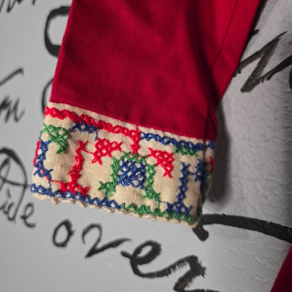 Vintage 70s Girls Red Long Sleeve Dress with Cross-stitch Detailing, 8 - Picture 2 of 7